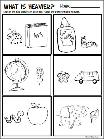 Free Compare Sizes Worksheet for Kindergarten Math Look at the two pictures in each box. Color the picture that is heavier. This worksheet is correlated to the Common Core Math Standards for measurement. More worksheets available. Check out my spring products. Spring Math and Literacy Packet for Kindergarten Measurement Kindergarten, Worksheet For Kindergarten, Measurement Worksheets, Spring Math, Kids Worksheets, Math Measurement, Kindergarten Worksheets Printable, Shapes Worksheets, Kindergarten Science