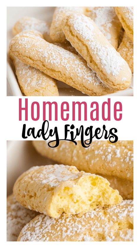 These lady fingers are crunchy on the outside and spongey inside. These delicious, airy, and light sponge fingers are made using 6 simple ingredients you can usually find in your pantry! Lady fingers are perfect for your everyday snacks and for making your favorite desserts like trifles, tiramisu, and Charlotte russe. Homemade Lady Fingers For Tiramisu, Lady Fingers Recipe Tiramisu, Lady Finger Cookies Recipe, Ladies Fingers Recipe, Dessert With Ladyfingers, Nutty Fingers Recipe, How To Make Ladyfingers, Sourdough Lady Fingers, Lady Fingers Recipe Desserts