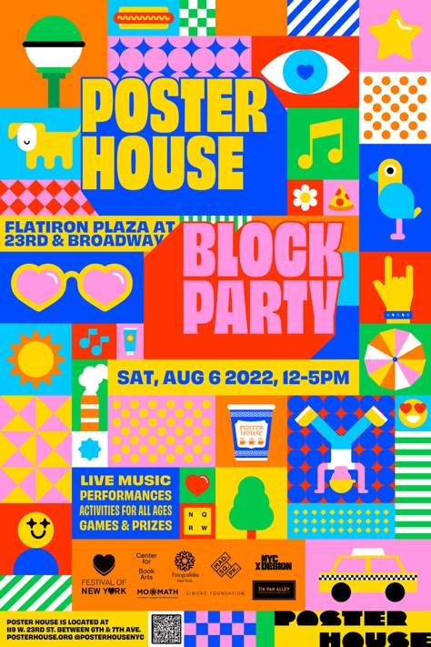 Block Poster Design, Block Party Poster Design, Block Party Graphic Design, Block Party Graphic, Color Block Poster, Bright Poster Design, Party Poster Graphic Design, Block Party Poster, House Party Poster