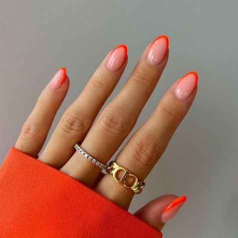 Orange Tips Nail, Bright Tips Acrylic Nails, Orange Pink French Tip Nails, Neon Micro French Nails, Red Orange French Tip Nails, Bright Colored French Tip Nails, Bright Orange Gel Nails, Orange Red Nails Design, Nails For Italy Trip