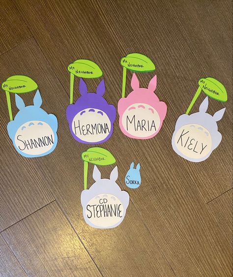 Studio Ghibli Door Decs, Ra Door Tag Ideas, Cute Ra Door Decs, Door Dec Ideas Ra, Ra Floor Themes Ideas, Ghibli Classroom, Door Tags Resident Assistant, Ra Door Decs College, Dorm Name Tags