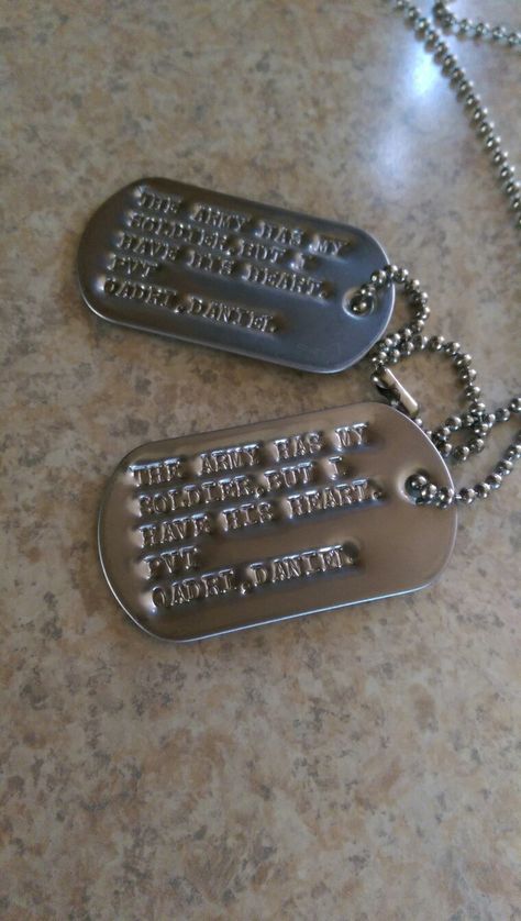 Personalized dog tags: "The army has my soldier but I have his heart" perfect gift for a military girlfriend or milso Army Medals, Army Tags, Army Dog Tag, Military Tags, Tagging Quotes, Military Aesthetic, Military Girlfriend, Dog Tags Military, Army Gifts