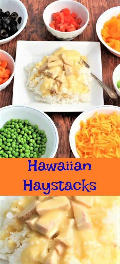 Hawaiian Chicken Haystacks, Hawaiian Haystacks Recipe Dinners, Hawaiian Stack Recipe, Gluten Free Hawaiian Haystacks, Easy Hawaiian Haystacks, Hawaiian Hay Stacks Recipe, Hawaiian Hey Stacks, Haystack Chicken Recipe, Dairy Free Hawaiian Haystacks