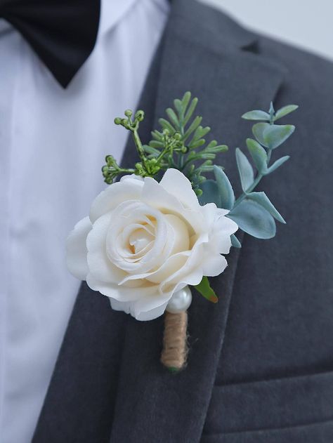 1pc Delicate Rose & Woodland Series High-end Boutonniere For Wedding, Party Multicolor Boho   Polyester     Wedding & Event, size features are:Bust: ,Length: ,Sleeve Length: Winter Wedding Boutonniere White, Wedding Flower Boutonniere, Sea Glass Bouquet, Boutineers Groomsmen, Sage Green Boutonniere, Wedding Boutonniere White, Cullen Wedding, Boutineer Ideas, Beach Wedding Boutonniere