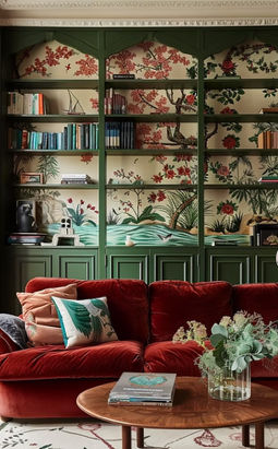 English Eclectic Living Room, Green Jewel Tone Living Room, Teal Eclectic Living Room, Eclectic English Decor, What Goes With Emerald Green, Character Living Room, Green And Red Living Room Decor, Eclectic Post Modern Decor, Eclectic European Interiors