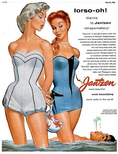 Vintage Life magazine ad for Jantzen swimsuits / bathing suits illustrated by Pete Hawley, May 1955. Jantzen Swimwear, 50s Swimsuit, Vintage Bathing Suits, Vintage Swimwear, Vintage Swimsuits, Red Swimsuit, One Piece Suit, 50s Fashion, Vintage Advertisements