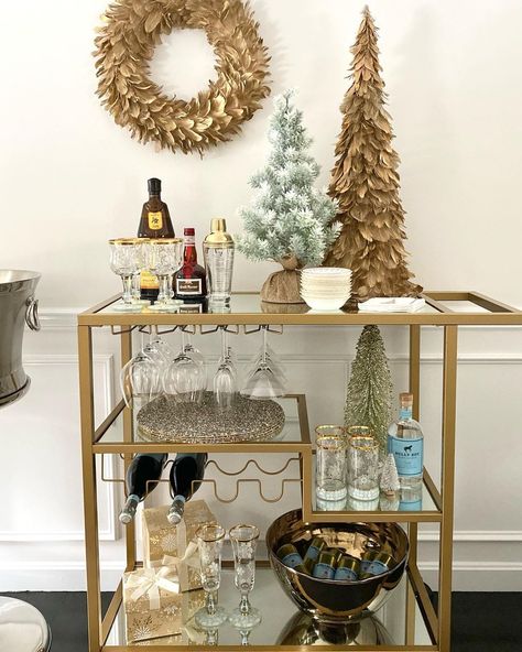 Holiday Bar Carts, Christmas Bar Cart Styling, Bar Cart Christmas Decor, Holiday Bar Cart Christmas, Bar Cart Inspo, Christmas Bar Cart, Coffee Bar Cart, Holiday Bar Cart, Wine Cart