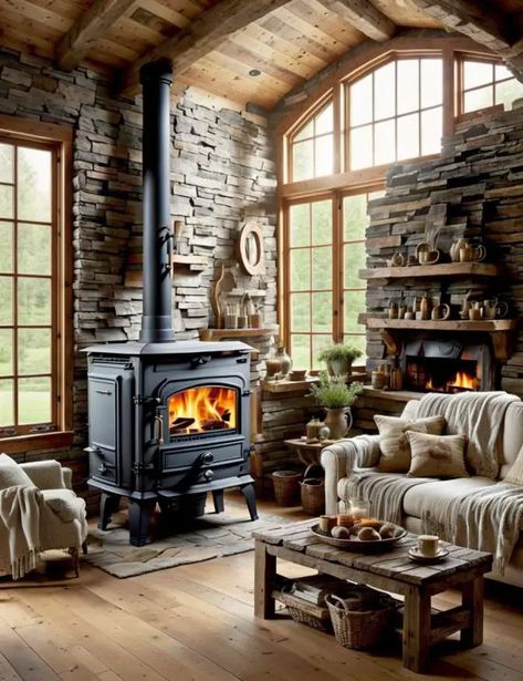 19 Ideas for Wood Stoves in Farmhouse Living Rooms Wood Burning Stove Decor, Log Home Living Room, Wood Stove Wall, Fireplace Screens With Doors, Wood Stove Surround, Stove Decor, Wood Stove Hearth, Wood Mantle Fireplace, Wood Burning Stoves Living Room