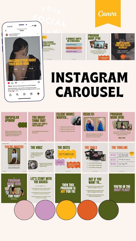 Need help designing an Instagram Carousel? This pack of Instagram Carousel Canva templates comes with 7 different designs so you can create Instagram content in minutes!! Not only are these templates designed beautifully, but they can be customized for any brand! Carousel Ideas For Instagram, Instagram Carousel Design Ideas, Create Instagram Content, Carousel Ideas, Instagram Infographic, Social Media Branding Design, Folder Templates, Instagram Carousel, Media Branding