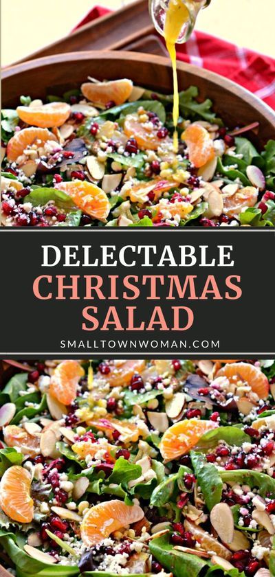 Christmas Salad is always a hit! This easy recipe comes together quickly, with a delicious medley of spring greens, fruit, sliced almonds, feta cheese, and a Honey Mustard Champagne Vinaigrette. Serve this fun and festive salad idea with your Christmas in July meals! Christmas Salad Recipes, Christmas Salad, Christmas Salads, Green Salad Recipes, Christmas Food Dinner, Fruit Carving, Christmas Cooking, Sliced Almonds, Holiday Cooking