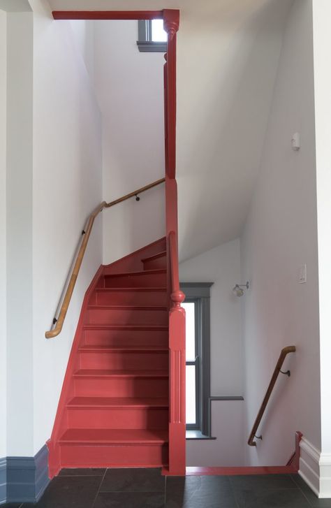 Red Stairs Painted, Victorian Bannister, Burgundy Staircase, Victorian Stairwell, Colourful Staircase, Painted Banister Ideas, Coloured Stairs, Orange Stairs, Colourful Stairs