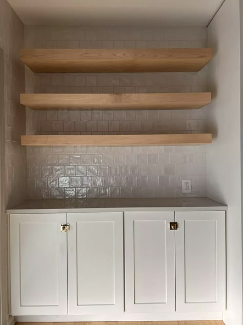 Tiled Pantry Walls, Tile Backsplash Open Shelving, Butlers Pantry With Floating Shelves, Floating Shelves Tile Backsplash, Butler Pantry Floating Shelves, Butlers Pantry Floating Shelves, Butlers Pantry Backsplash, Floating Shelves Butlers Pantry, Pantry Tile Backsplash