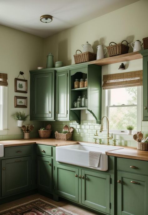 Green Walls Kitchen Ideas, Kitchen Green Cabinets, Kitchen Cupboard Ideas, Traditional Kitchen Interior, Green Kitchen Cabinet, Cupboard Ideas, Traditional Kitchen Cabinets, Green Backsplash, Kitchen 2024