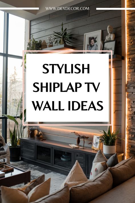 Stylish living room with shiplap TV wall, shelves, and decor items. Entryway Tv Wall, Accent Walls For Small Living Rooms, Tv Wall With Shiplap, Rustic Shiplap Wall Living Room, Tv Wall Decor Ideas Living Room, Accent Walls With Tv, Space Above Tv Decor, Wood Accent Tv Wall, Shiplap Media Wall