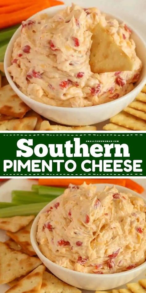 "A simple appetizer recipe or snack food in just 10 minutes! It's one of the best party dips ever. Creamy, tangy, and packed with flavor, this southern pimento cheese is sure to be a hit. This homemade cheese dip is also great for sandwiches, potatoes, and much more!  " Southern Pimento Cheese Recipe, Easy Football Party Food, Pimento Cheese Recipe Easy, Southern Pimento Cheese, Pimento Cheese Recipe, Homemade Pimento Cheese, Pimento Cheese Spread, Homemade Appetizer, Pimento Cheese Recipes