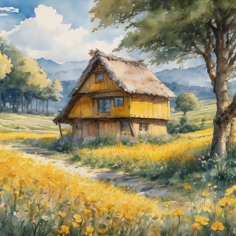 Cute vintage hut in flower field ,yellow color scheme, AI art, Watercolor painting, landscape art Hut Drawing, Manchester United Old Trafford, Yellow Color Scheme, Watercolor Painting Landscape, Hut House, Urban Painting, Yellow Colour Scheme, Yellow House, Art Watercolor Painting