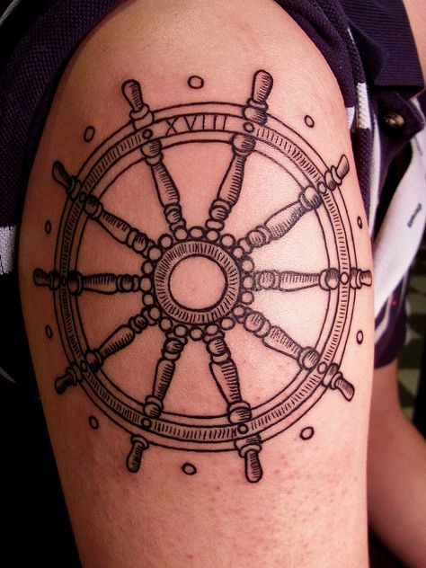 My grandpa made a ships wheel from scratch, just to see if he could... thinking it'd make a damn good tattoo! Helm Tattoo, Ship Wheel Tattoo, Pirate Tattoos, Xmas Tattoo, Tattoo Octopus, Wheel Tattoo, Pirate Tattoo, Ships Wheel, Military Tattoos