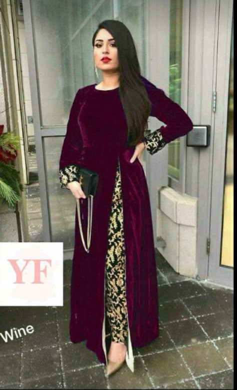 Pakistani Velvet Suits Party Wear Sara Clothes, Walwet Drees, Velvate Dress Design Gown, Velvet Kurtis Design Party Wear, Valvate Suit Designs, Velvet Kurtis Design Latest, Unique Suit Design, Velvet Dress Designs Gowns, Velvet Kurtis Design