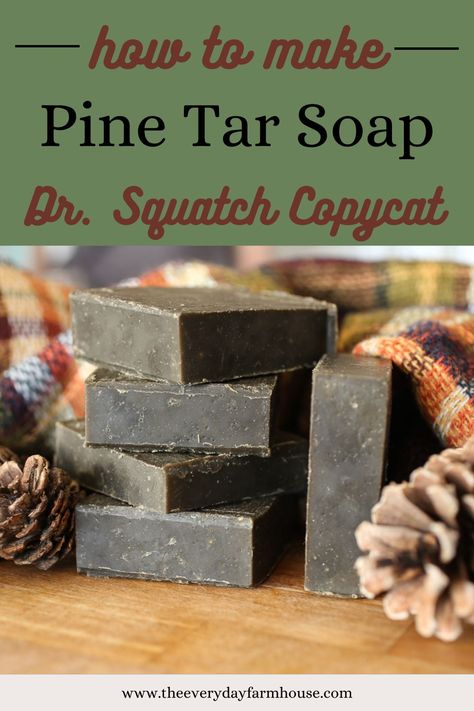 Pine Tar Soap Recipe | Dr. Squatch Copycat Recipe - The Everyday Farmhouse Diy Soap Recipe Cold Process, Natural Scents For Soap, Dr Squatch, Lard Soap Recipe, Cold Process Dish Soap Recipe, Tallow Soap Recipe, Diy Dr Squatch Soap Recipe, Soap Scents Combinations, Deer Tallow Soap Recipe