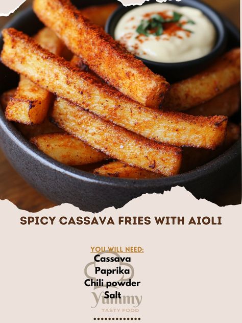 🌶️ Spice up your snack game with Spicy Cassava Fries with Aioli! Crispy, spicy, and irresistible! 🍟 #CassavaFries #SpicyGoodness Spicy Cassava Fries with Aioli Ingredients: Cassava (2 large, peeled and sliced) Paprika (1 tsp) Chili powder (1 tsp) Salt (to taste) Oil (for frying) Mayonnaise (1/2 cup, for aioli) Garlic (2 cloves, minced, for aioli) Lemon juice (1 tbsp, for aioli) Instructions: Boil cassava slices until tender. Drain and pat dry. Fry in hot oil until golden and crispy. Seaso... Cassava Fries, Game Snacks, Frying Oil, Hot Oil, Aioli, Chili Powder, Lemon Juice, Mayonnaise, In Hot