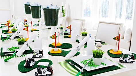 We Are In Love With Every Detail On These Golf Party Tables. From Mini Golf Carts To Dessert Bars Over Flowing With Grassy Goodness There Are Tons Of Ideas. Golf Party Foods, Sprinkle Ideas, Golf Theme Party, Golf Birthday Party, Masters Golf, Golf Event, Party Tables, Golf Party, Golf Theme