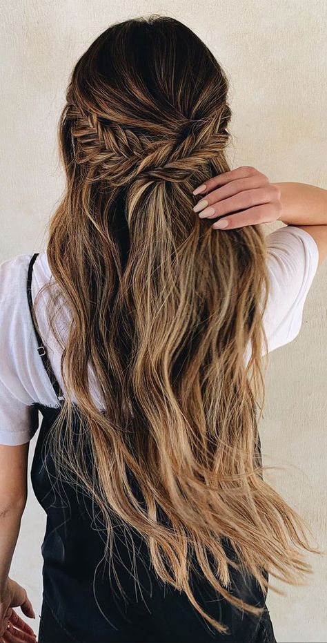 72 Braid Hairstyles That Look So Awesome : Holiday half up Wedding Hairstyles Down With Braid, Half Braid Wedding Hair, Half Up Half Down Hairstyles Fishtail, Wedding Hair Fishtail Braid Half Up Half Down, Fishtail Braid Hoco Hair, Boho Bridal Hair Half Up With Veil, Fishtail Wedding Hair Half Up, Bridesmaid Hair Half Up Fishtail Braid, Fishtail Hairstyles Wedding