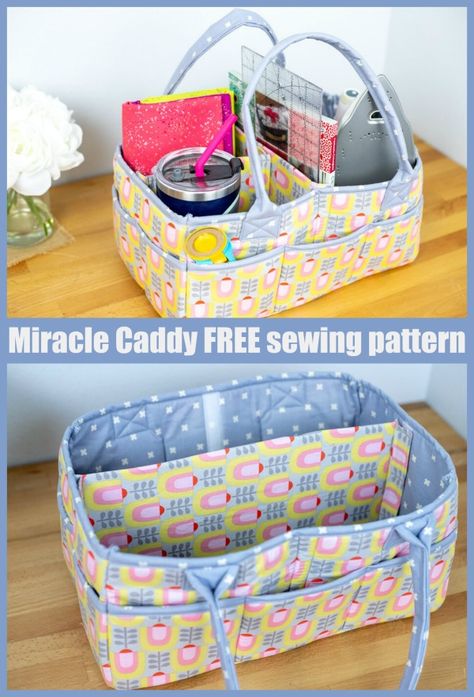 Miracle Caddy FREE sewing pattern. Here's a fabulous multi-purpose organizer to sew that’s perfect for taking your favorite craft supplies, classroom items, or baby gear on the go. This storage basket sewing pattern has a handle and divided compartments. A fun to sew fabric basket with handles, a great gift idea to sew for new moms and crafters. Basket Sewing Pattern, Sewing Basket, Free Sewing Pattern, Sew Ins, Fabric Basket, Tote Bags Sewing, Sewing Purses, Sewing Baskets, Small Sewing Projects