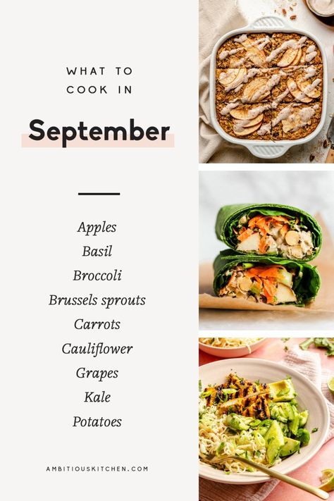 30 incredible, seasonal recipes to cook in September! You'll find a delicious mix of sweet & savory recipes for every meal of the day using up the last of summer produce, plus apples, broccoli, leafy greens, and even a pumpkin sneak peek. Enjoy a new recipe each day this month, and celebrate delicious fall produce all month long. Sweet Savory Recipes, Fall Produce, Autumn Food, Winter Meals, Recipes To Cook, Ambitious Kitchen, Seasonal Cooking, Summer Produce, Meal Of The Day