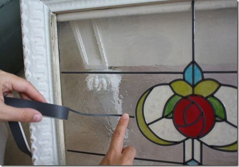 Tutorial-Faux Vintage Stained Glass Windows for pennies Stained Glass Faux Diy, Fake Stain Glass Windows Diy, Diy Stained Glass Window Paint, Faux Stain Glass Windows Diy, Diy Faux Stained Glass Window, Fake Stained Glass Diy, Faux Stained Glass Diy, Painting On Glass Windows, Diy Stained Glass Window