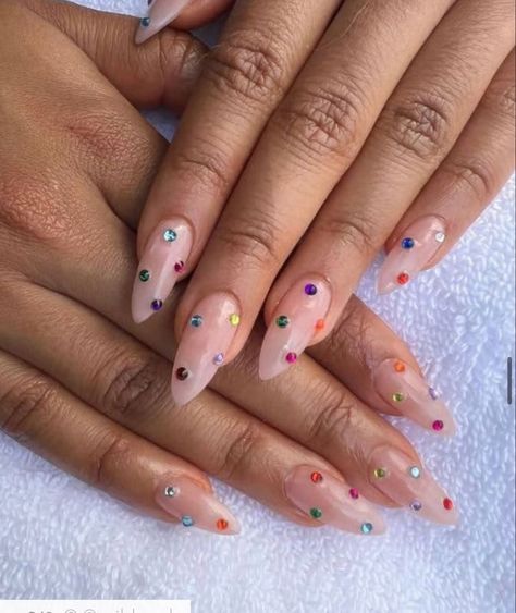 Multicolor Gem Nails, Nail Ideas For Older Women, Rainbow Rhinestone Nails, Colorful Rhinestone Nails, Rhinestone Flower Nails, Vanessa Hudgens Nails, Bejeweled Nails, Gem Nail Art, Nails Gems