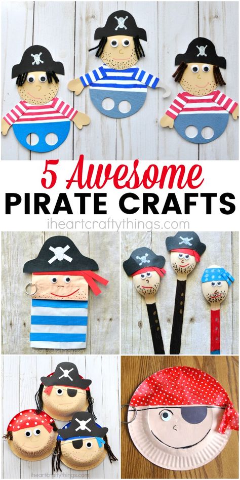 5 awesome pirate crafts for kids, great for a pirate theme unit, Talk Like a Pirate Day crafts and activities, fun summer kids craft and summer camp crafts. Pirate Crafts For Kindergarten, Pirates Arts And Crafts, Easy Pirate Craft, Pirate Crafts Preschool Art Projects, Pirate Art And Craft, Pirate Crafts For Kids Summer Camps, Pirate Crafts Preschool, Camping Crafts For Kids, Pirate Activities