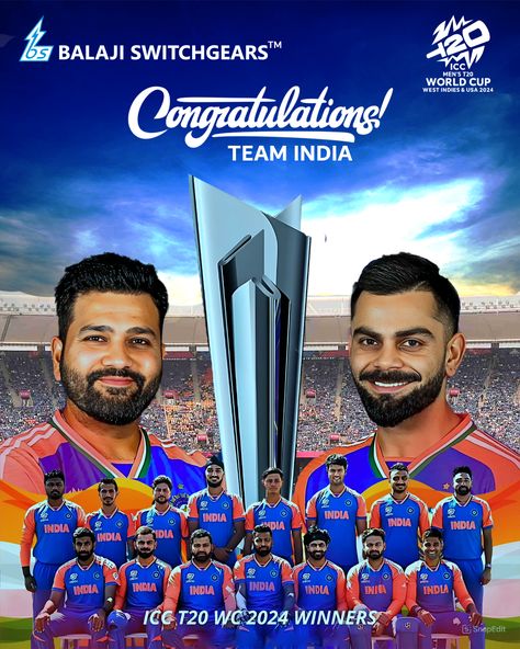 Balaji Switchgear’s heart swells with pride and joy as India secures a historic victory in the thrilling T20 World Cup final against South Africa!   The nation rejoices in this momentous win, celebrating the team's passion and unwavering determination. 🎉🏆🇮🇳   #Balajiswitchgears #BSPLIndia #IndiaWins #T20WorldCupChampions #CricketFever #ProudMoment #VictoryInOurVeins India Win, Team India, Blurred Background Photography, Diwali Images, T20 World Cup, General Knowledge Book, World Cup Final, S Heart, Background Photography