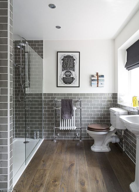 This image of a refurbishment in Buckinghamshire, posted by Interior Therapy, has been saved more than 91,000 times by Houzz users. The classic but modern space features grey tiles and a personal typography poster on the wall Makeover Kamar Mandi, Gray Tile, Bad Inspiration, Subway Tiles, Basement Bathroom, Main Bathroom, Bad Design, Grey Bathrooms, Bathroom Renos