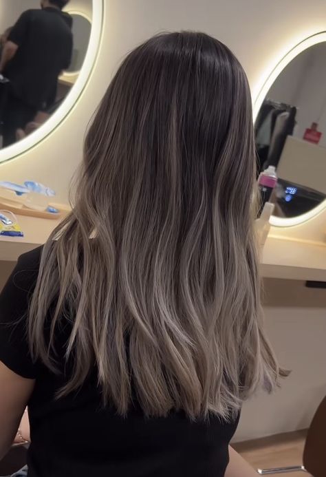 Balayage Straight Hair 2023, Ash Hair Color Balayage, Ash Balayage Straight Hair, Ashy Brown Hair Money Piece, Medium Haircut Balayage, Hair Color Ideas For Hispanics, Ash Blonde Highlights Straight Hair, Milk Tea Balayage On Dark Hair, Cool Toned Ombre Hair