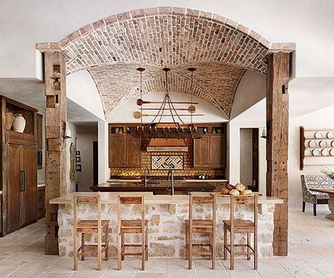 ceiling Updated Tuscan Decor, Antique Brick Pavers, Brick Ceiling, Tuscan Kitchens, Antique Brick, Tuscan Kitchen, Brick Pavers, Wood Post, Tuscan Style