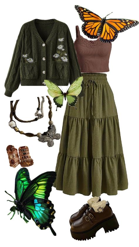 Cute Forest Outfits, Plant Core Outfit, Solar Punk Aesthetic Outfits, Earth Goddess Outfit, Earth Themed Outfits, Forest Aesthetic Clothes, Frogcore Outfits, Nature Outfits Forests, Rainforest Outfit