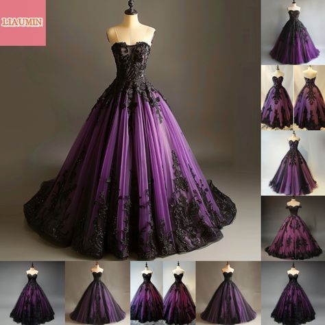 Purple And Black Quince Dress, Midnight Purple Quince Dress, Purple And Black Wedding Dress, Dark Purple Quinceanera Theme, Goth Ball Gown, Black And Purple Wedding Dress, Dark Purple Quinceanera Dresses, Goth Weddings, Fantasy Ball