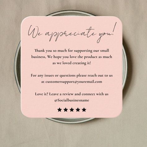 Leave Us A Review | Customer Feedback | Thank You Blush Pink Business Card


Express gratitude and encourage valuable customer feedback. This square business card features a heartfelt "Thank You" and prompts customers to "Leave a Review". Thank You Card Restaurant, Thank You Customer Card, Thank You Card For Customer, Thank You To Customers, Thank You Cards For Small Business, Thank You Notes For Customers, Customer Feedback Design, Thanks Card For Customer, Thank You Business Cards