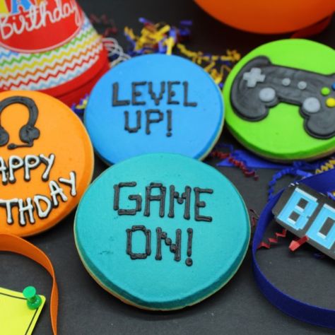 A tasty birthday gift for the gamer in your life. Hand decorated sugar cookies with a video game theme. Level Up Cookies Decorated, Video Game Birthday Cookies, Nintendo Cookies Decorated, Video Game Cookies Decorated, Gaming Cookies Decorated, Arcade Cookies, Boy Birthday Cookies Decorated, Gamer Cookies Decorated, Christmas Amenities