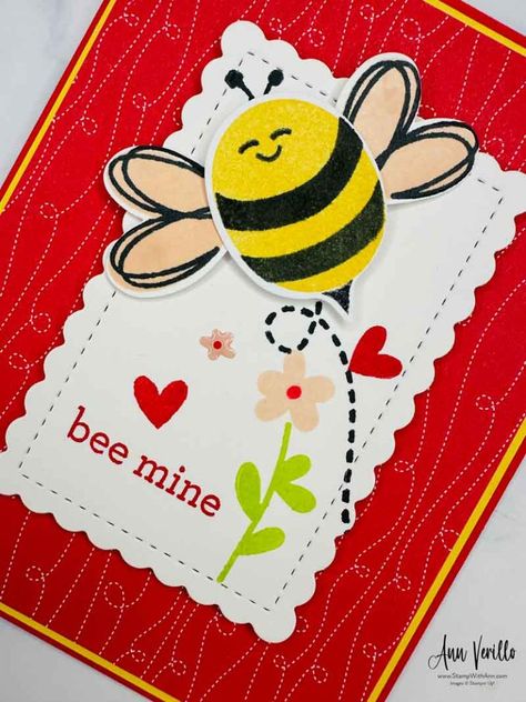 Stampin' Up! Bee My Valentine "Bee Mine" Card - Ann Verillo, StampWithAnn.com Stampin Up Bee Cards Handmade, Stampin Up Bee Mine Cards, Stampin Up Bee Mine, Bee Mine Stampin Up Cards, Stampin Up Bee My Valentine, Bee My Valentine Stampin Up Cards, Bee Cards Handmade, Bee Valentines Cards, Fluffiest Friends