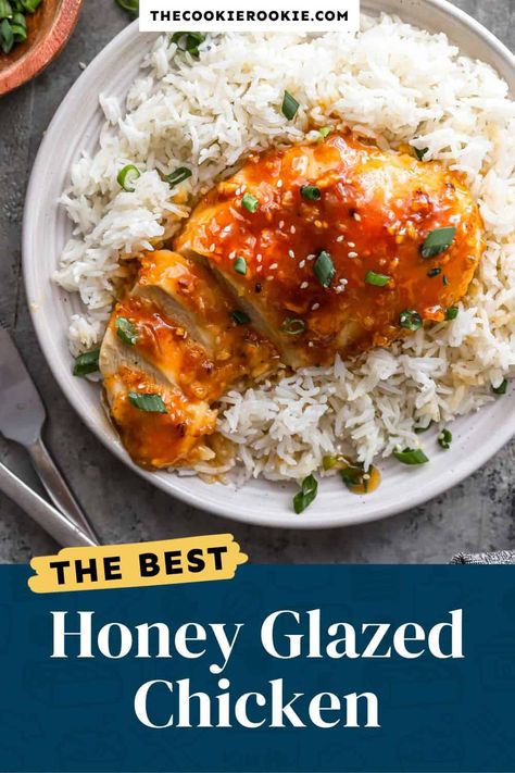 The highlight of this Honey Glazed Chicken recipe is the sweet and tangy sauce, made with honey, garlic, ginger, and orange juice. Add a crisp sear to the chicken breasts, glaze them up, then bake in the oven until juicy and flavorful! Honey Glazed Chicken Breast, Honey Garlic Soy Sauce, Honey Chicken Breast, Healthy Grilled Chicken Recipes, Glazed Chicken Breast, Chicken Crisps, Beef Recipe Instant Pot, Honey Glazed Chicken, The Cookie Rookie