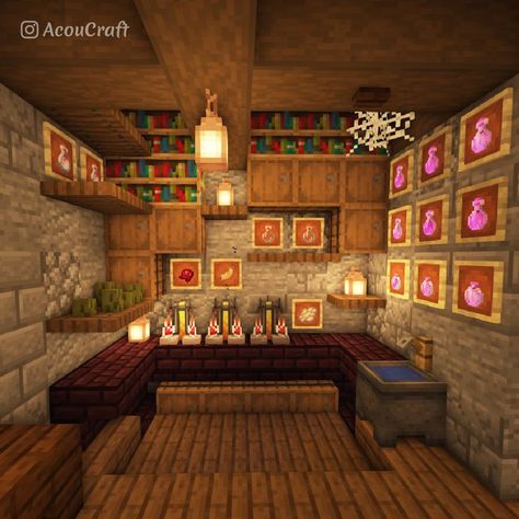 A minecraft Brewing room design for all your potion needs.✨⁠ Design is from my medieval winter house build on youtube, acoucraft. Minecraft Brew Room Ideas, Minecraft Staircase Design Cottage, Minecraft Spruce Interior Design, Enchanted Table Room Minecraft, Potion Making Room Minecraft, Brewing Stand Room Minecraft, Potion Minecraft Room, Potion Stand Minecraft, Potion Room Minecraft Design