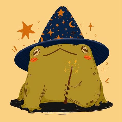 Wizard Frog Drawing, Frog With Wizard Hat, October Pfp, Wizard Pfp, Witch Frog, Frog Wizard, Wizard Frog, Cute Wizard, Frog Costume