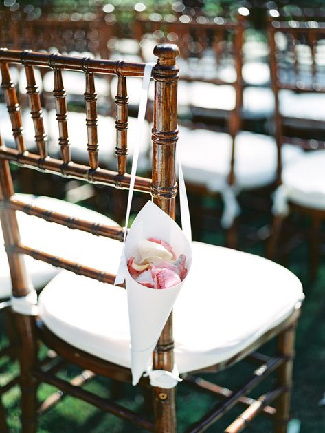 Chairs At Wedding, Simple Wedding Chair, Flower Petal Cones Wedding, Wedding Ceremony Chair Flowers, Flower Petal Toss Wedding Ceremony, Flower Petal Cones, Petal Cones Wedding, Petal Cones, Ceremony Petal Toss