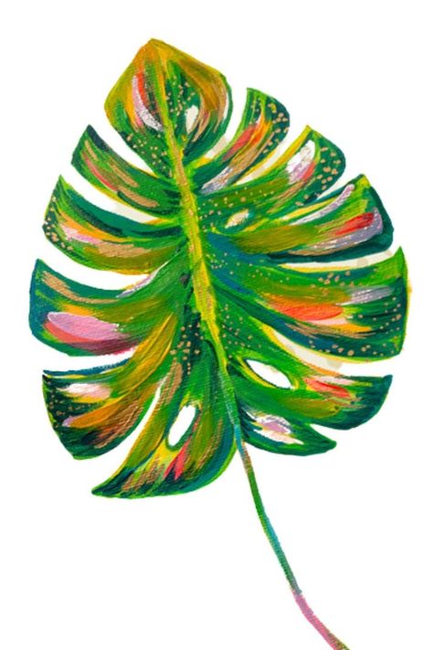 Learn how to paint this colorful monstera leaf! If you are looking to learn acrylic art techniques and acrylic painting techniques for beginners, this is a fabulous class for you! You'll learn how to mix color, create abstract art for beginners and you'll leave the art tutorial with a gorgeous monstera leaf painting! If you love colorful art paintings you'll love this! Plus you'll get a painting supplies list and everything you need to know to paint this acrylic canvas of your own. Abstract Leaves Painting Acrylics, Monstera Watercolor Painting, Acrylic Leaves Painting, Tropical Leaf Painting Acrylic, Abstract Leaf Painting, Painting Leaves Acrylic, Abstract Art For Beginners, Monstera Leaf Painting, Tropical Leaves Painting