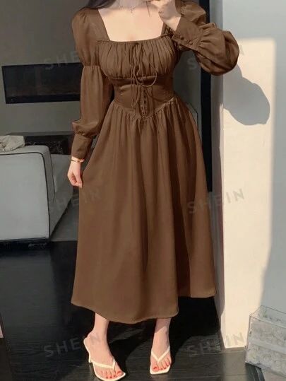 Brown Dress Long Sleeve, Brown Midi Dress Outfit, Midi Dress Outfit, Brown Flares, Brown Midi Dress, Frock For Women, Fashion Top Outfits, Georgette Dress, Long Frocks