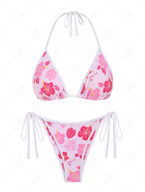 PRODUCT DESCRIPTIONEmbellishment:Tie,Tie SideFeatures:Wire Free,Padded (Removable Pads),LinedMaterial:Polyester,SpandexNeckline:HalterPattern Type:FloralSwimwear Category:Bikini SetType:Triangle Bikini,Tie Side BikiniFabric Stretch:High Stretch Cute Pink Bikinis, 90s 2000s Fashion, Triangle Bathing Suit, Vintage Swimsuits, Cute Bathing Suits, Cute Swimsuits, Summer Bikinis, 90s 2000s, 2000s Fashion