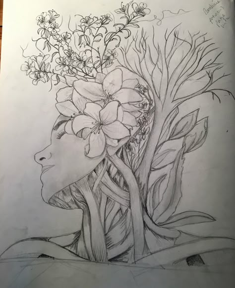 Human Flourishing Drawing Ideas, Plants And Humans Art, Plant Veins Drawing, Human Plant Art, Plants Coming Out Of Head Drawing, Nature Vs Nurture Art, Drawings For Friends, Junior Cert Art, Design For Canvas