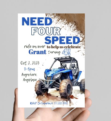 Need four (for) speed ATV side by side theme 4th birthday boy invitation, rev your engine shift into gear, dirt, mud, printable, digital Off Road Themed Birthday Party, Rzr Birthday Party Ideas, Atv Birthday Party Ideas, Four Wheeler Birthday Party, 4 Wheeler Birthday Party, Dates Background, Need Four Speed, 4th Birthday Party For Boys, Dirty 30 Birthday Party