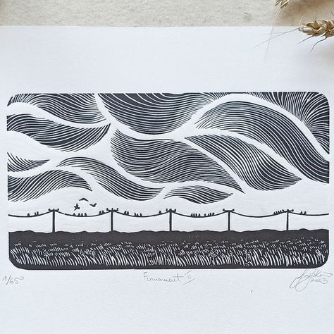 Łukasz Łasisz on Instagram: "Here it is. My newest linocut "Firmament II" is there 🎉 I think I have never made so many improvements to one lino before final print 😌 the wires had to be thinner, the clouds seemed to be cool on lino block, but after the test print they were too constant and static. Now it looks fantastic! Visit my shop (link in bio 🎊) to get it on Etsy! ✨PS. I am making few days off. You can still place orders but the first shipping I am going to make will be on Friday. #linocut #linoryt #lino #linocuts #linogravure #reliefprint #linoleumprint #printingprocess #blockcarving #inkonblock #printmaking #printmaker #printmakersofinstagram #peopleofprint #blackink #firmament #firmamento #clouddecor #cloudscapes #cloudysky #movingsky #electricpole #birdsonwire #rękodzieło #rekod Cloud Linocut, Linocut Clouds, Linocut Inspiration, Lino Block, Cloud Decoration, Linoleum Print, Relief Print, Mass Media, Gcse Art